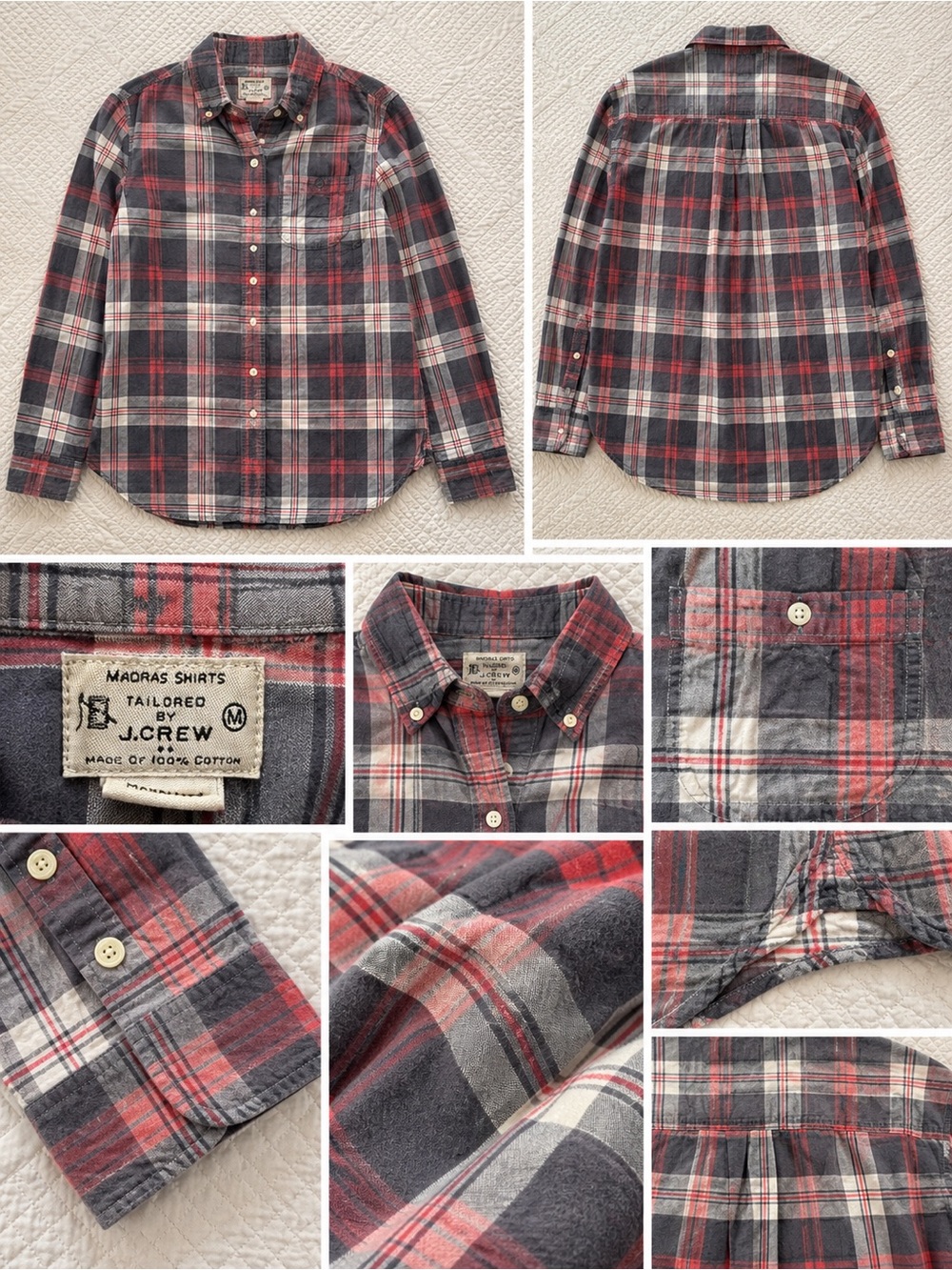 J. Crew Women’s Madras Plaid Button Down Shirt Medium Red Gray White Cotton - Picture 2 of 6
